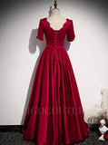 vigocouture-Red Satin Prom Dress 2022 Short Sleeve Plunging V-Neck Prom Gown-Prom Dresses-vigocouture-