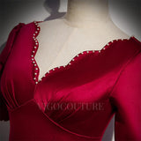 vigocouture-Red Satin Prom Dress 2022 Short Sleeve Plunging V-Neck Prom Gown-Prom Dresses-vigocouture-