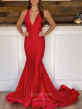 Red Satin Prom Dresses Mermaid Plunging V-Neck Evening Dress 21851-Prom Dresses-vigocouture-Red-US2-vigocouture