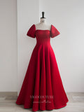 vigocouture-Red Satin Prom Dresses Puffed Sleeve Formal Dresses 21035-Prom Dresses-vigocouture-