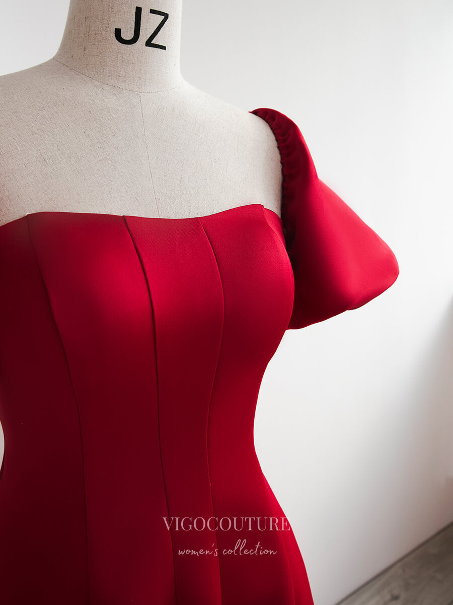 vigocouture-Red Satin Prom Dresses Puffed Sleeve Formal Dresses 21035-Prom Dresses-vigocouture-