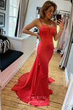 Red Satin Prom Dresses Spaghetti Strap Mermaid Evening Dress 21922-Prom Dresses-vigocouture-Red-US2-vigocouture