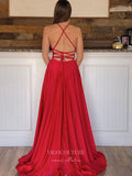Red Satin Prom Dresses With Slit Spaghetti Strap Evening Dress 21850-Prom Dresses-vigocouture-Red-US2-vigocouture