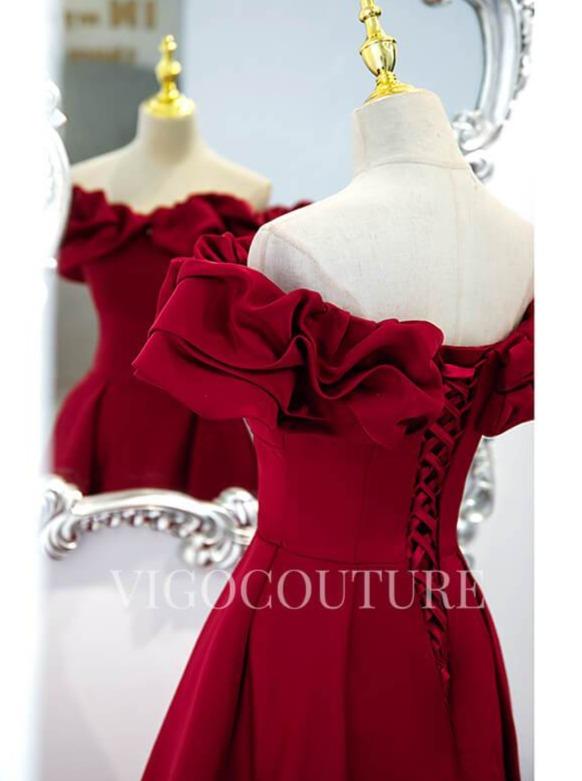 vigocouture-Red Satin Prom Gown Off the Shoulder Prom Dress 20283-Prom Dresses-vigocouture-