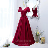 vigocouture-Red Short Sleeve Prom Dress 2022 V-Neck Formal Dress 20499-Prom Dresses-vigocouture-
