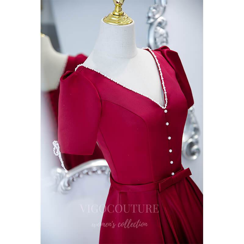 vigocouture-Red Short Sleeve Prom Dress 2022 V-Neck Formal Dress 20499-Prom Dresses-vigocouture-