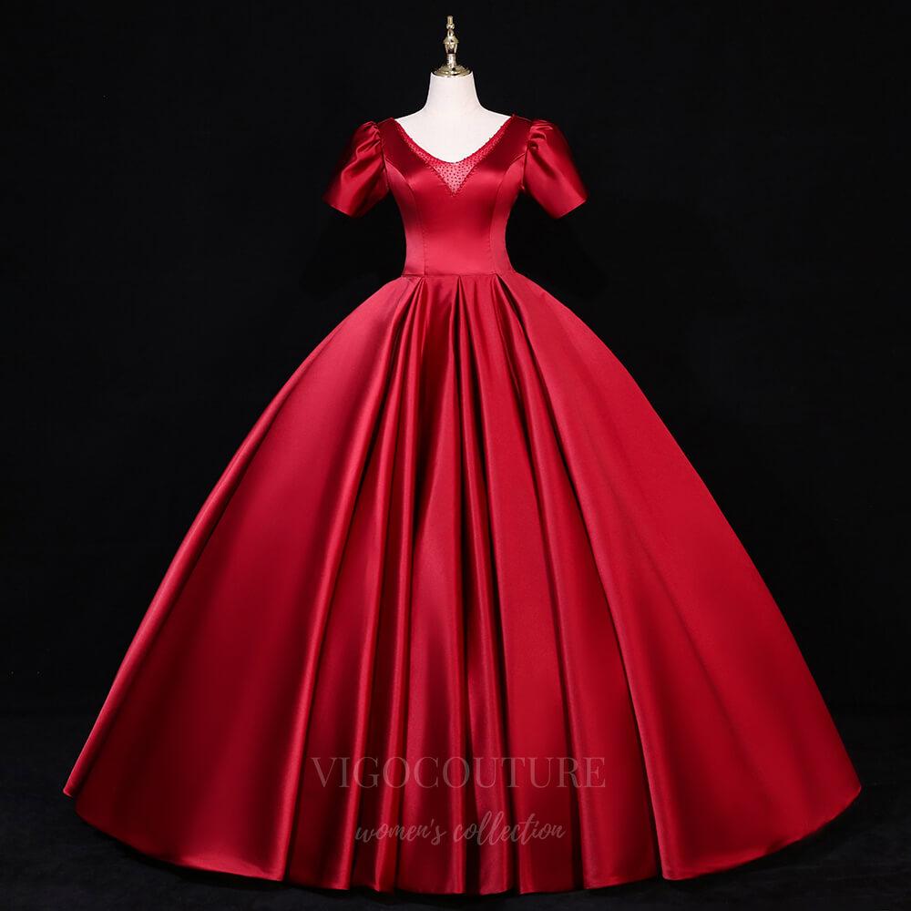 vigocouture-Red Short Sleeve V-Neck Prom Dress 20684-Prom Dresses-vigocouture-