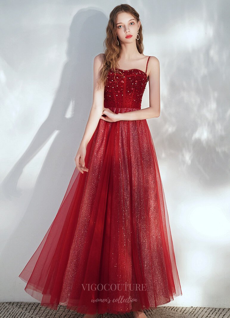 vigocouture-Red Spaghetti Strap Beaded Prom Dress 20708-Prom Dresses-vigocouture-