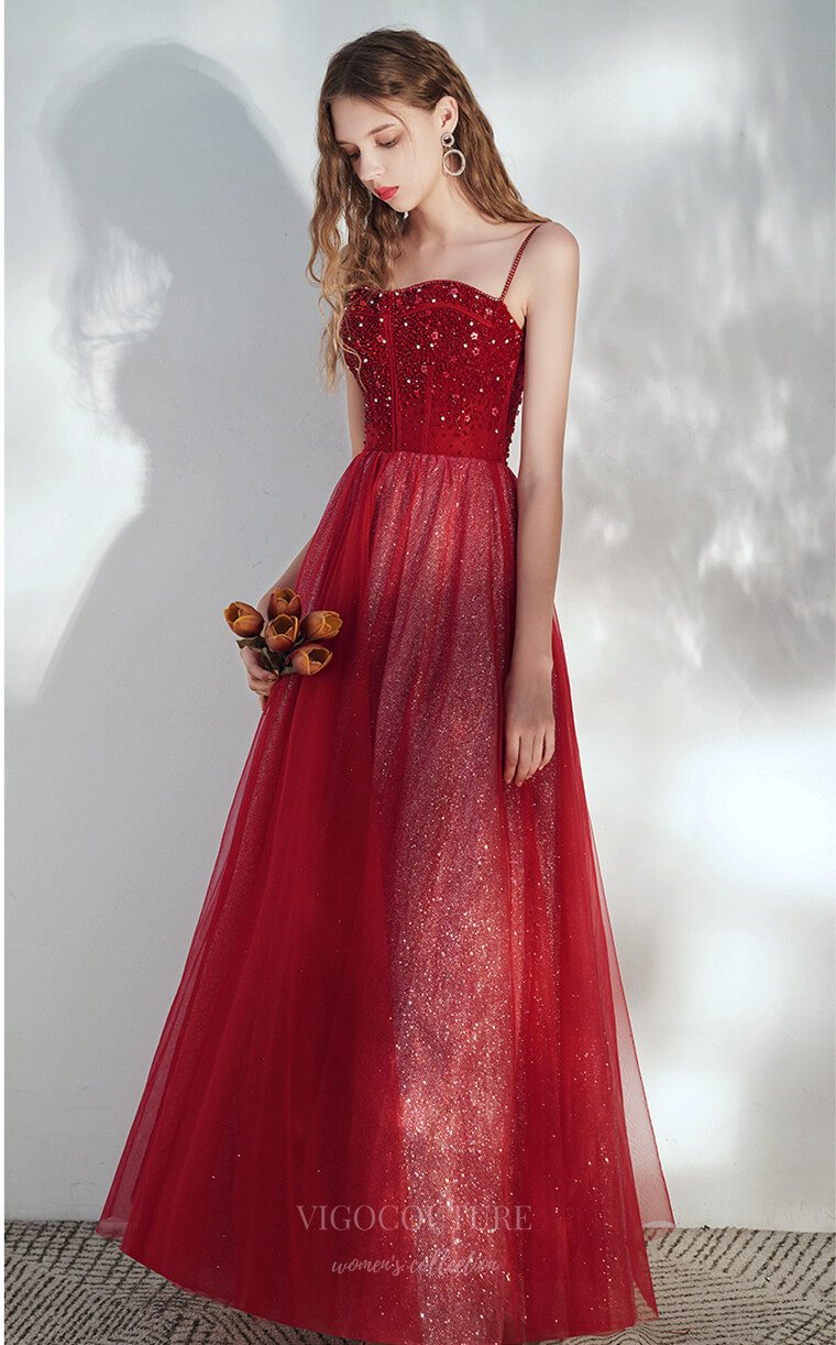 vigocouture-Red Spaghetti Strap Beaded Prom Dress 20708-Prom Dresses-vigocouture-