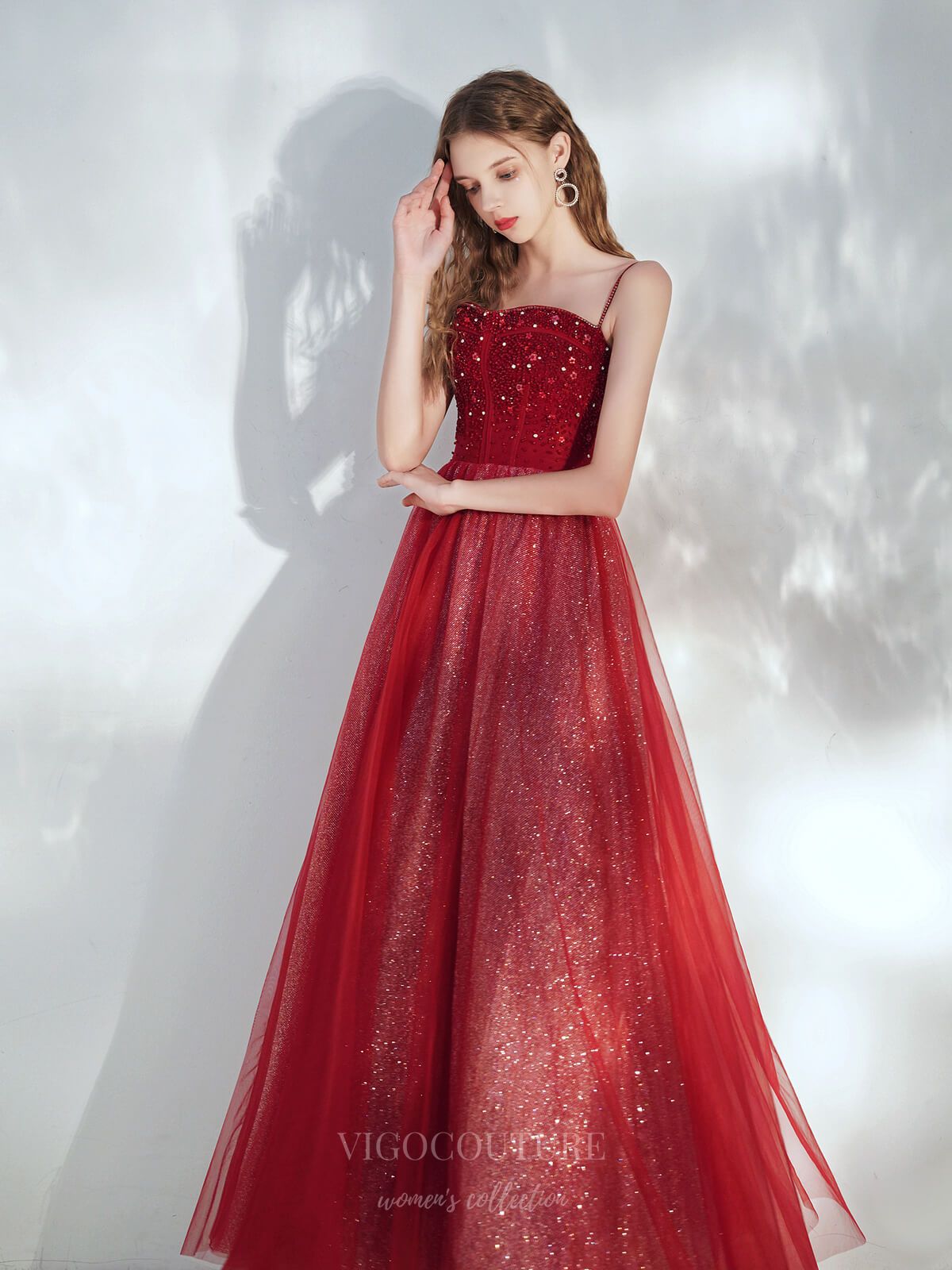 vigocouture-Red Spaghetti Strap Beaded Prom Dress 20708-Prom Dresses-vigocouture-Red-US2-