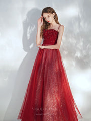 Red Spaghetti Strap Beaded Prom Dress 20708