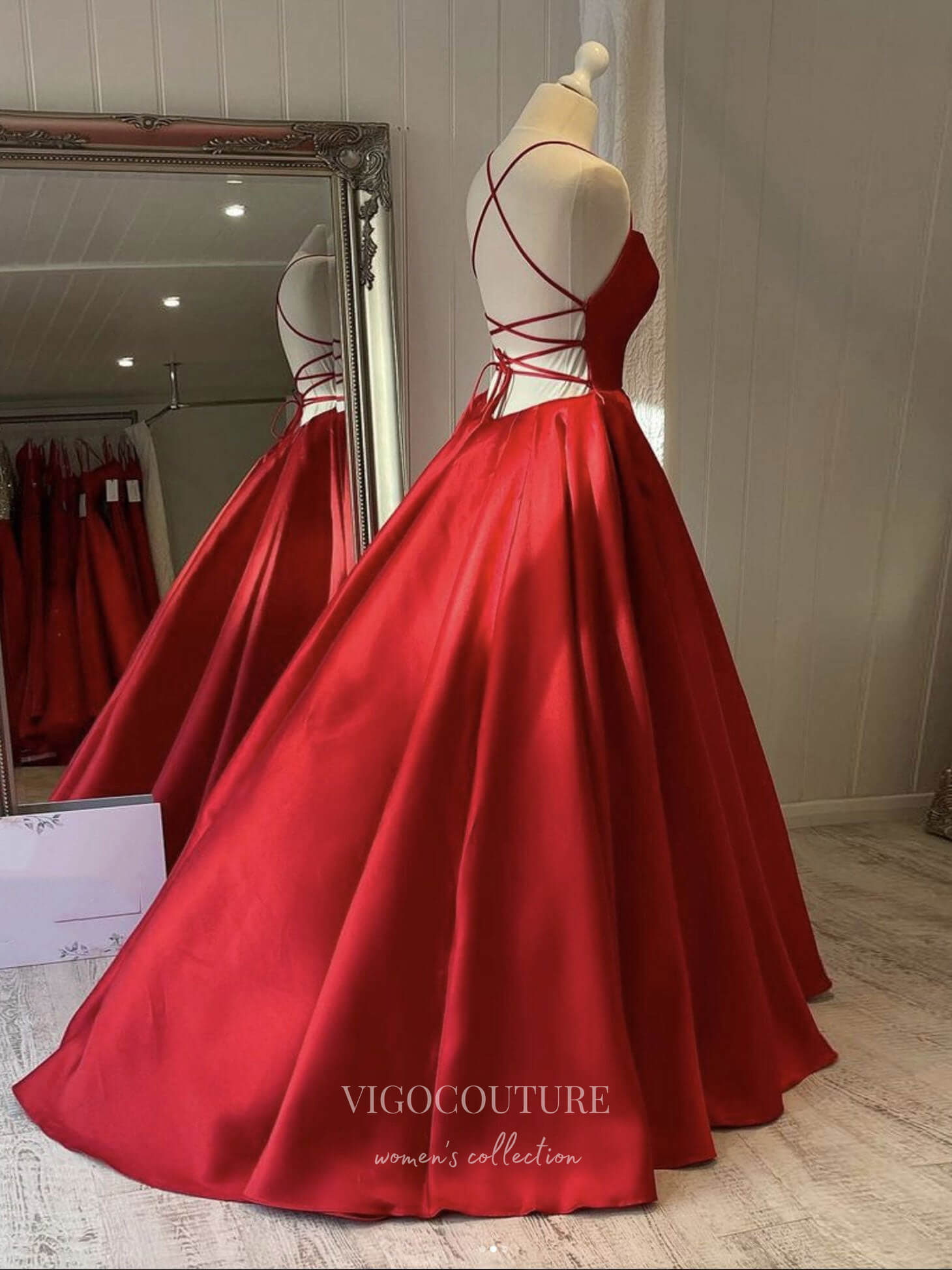 vigocouture-Red Spaghetti Strap Prom Dresses Corset Back Evening Dress 21756-Prom Dresses-vigocouture-