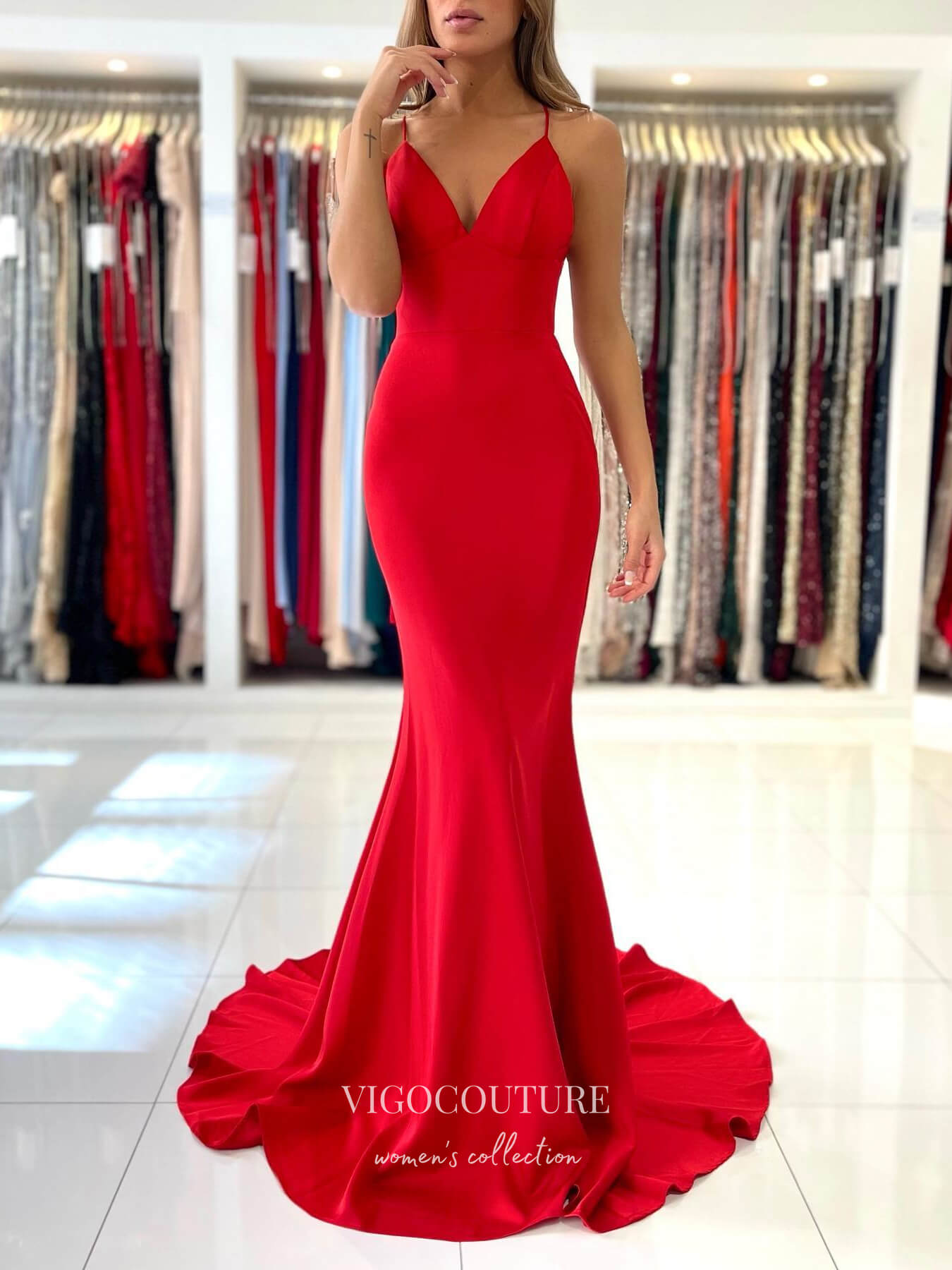 vigocouture-Red Spaghetti Strap Prom Dresses Mermaid V-Neck Formal Dresses 21534-Prom Dresses-vigocouture-