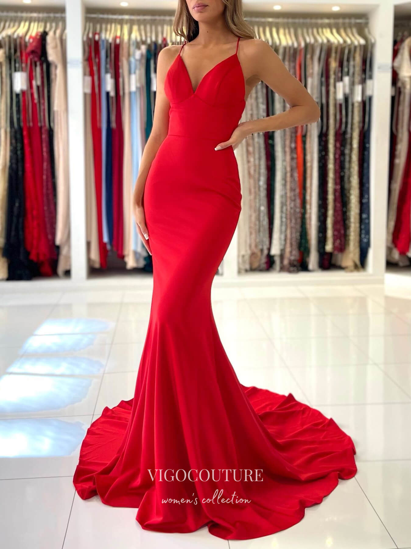vigocouture-Red Spaghetti Strap Prom Dresses Mermaid V-Neck Formal Dresses 21534-Prom Dresses-vigocouture-Red-US2-