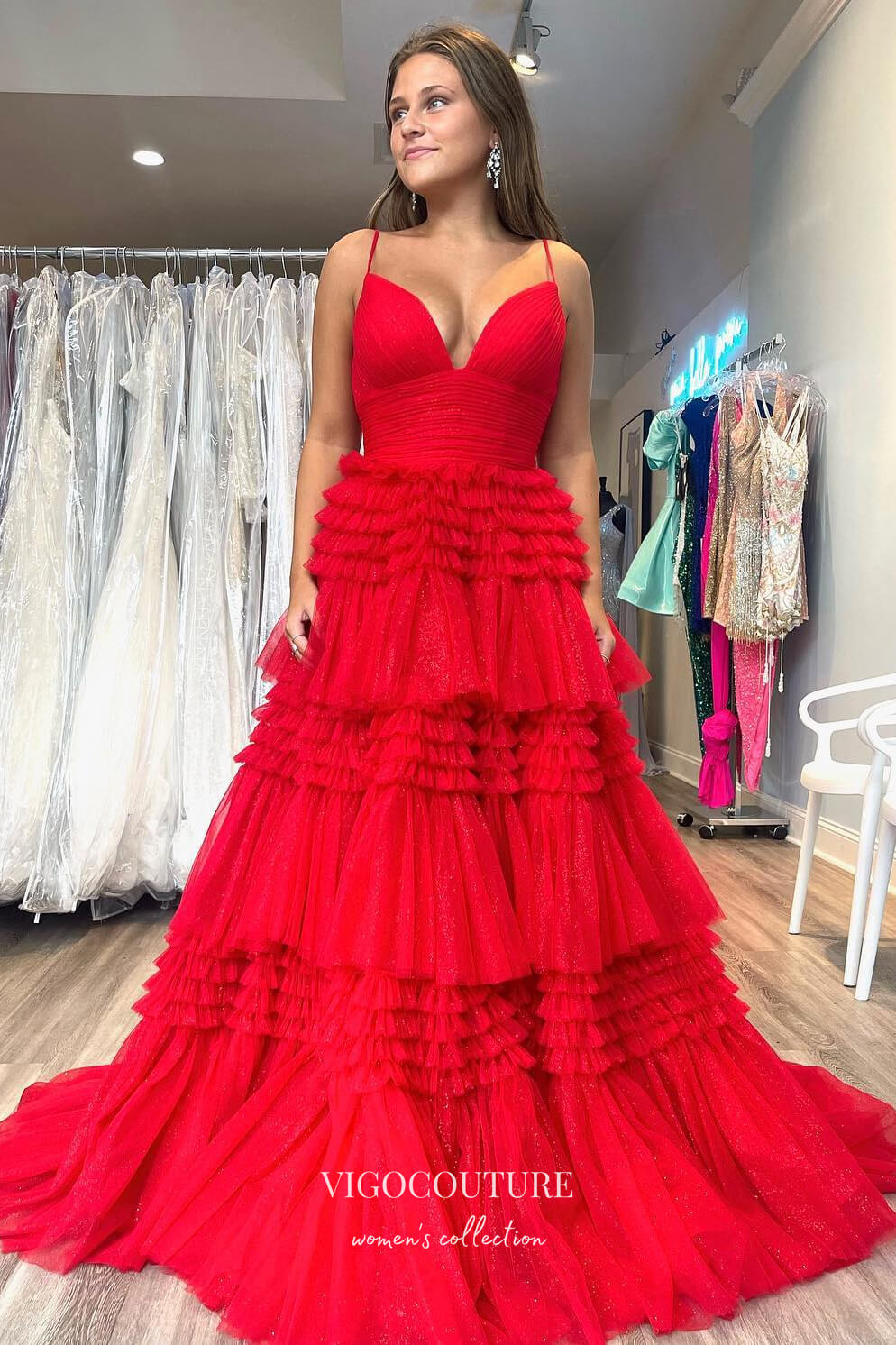 V-neck Spaghetti Strap Ruffled Red Celebrity Prom Dress - VQ