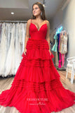 vigocouture-Red Spaghetti Strap V-Neck Formal Dresses Tiered Prom Dresses 21606-Prom Dresses-vigocouture-Red-US2-