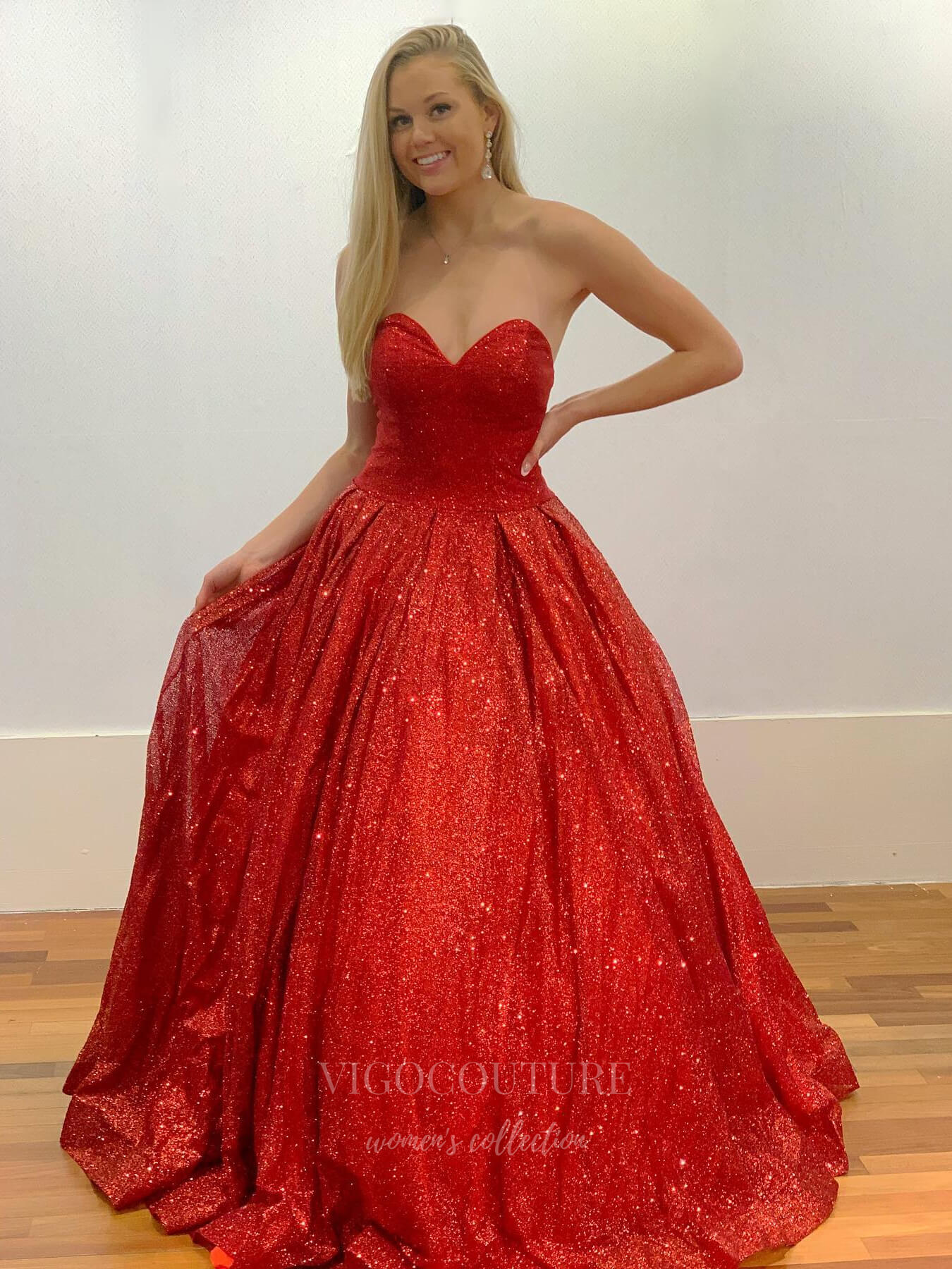 vigocouture-Red Sparkly Lace Strapless Prom Dress 20967-Prom Dresses-vigocouture-Red-US2-