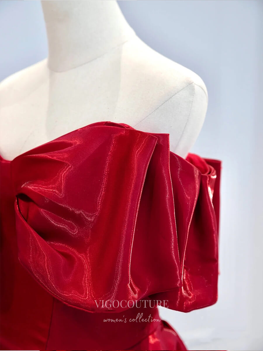 vigocouture-Red Sparkly Satin Prom Dresses Strapless Bow Formal Dresses 21038-Prom Dresses-vigocouture-
