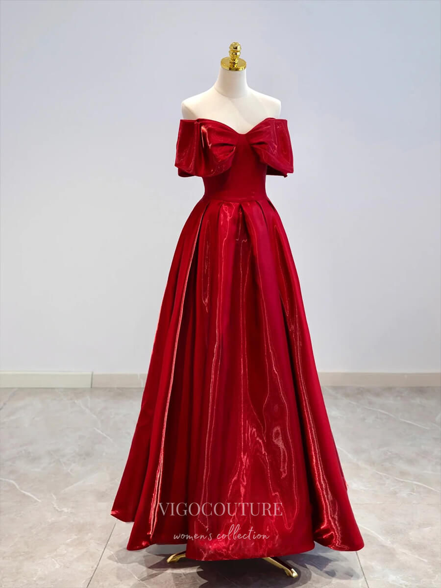 vigocouture-Red Sparkly Satin Prom Dresses Strapless Bow Formal Dresses 21038-Prom Dresses-vigocouture-Red-Custom Size-