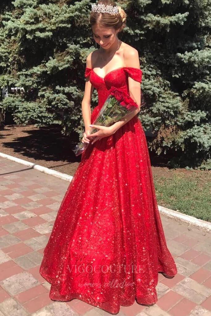 vigocouture-Red Sparkly Tulle Prom Dress 20385-Prom Dresses-vigocouture-