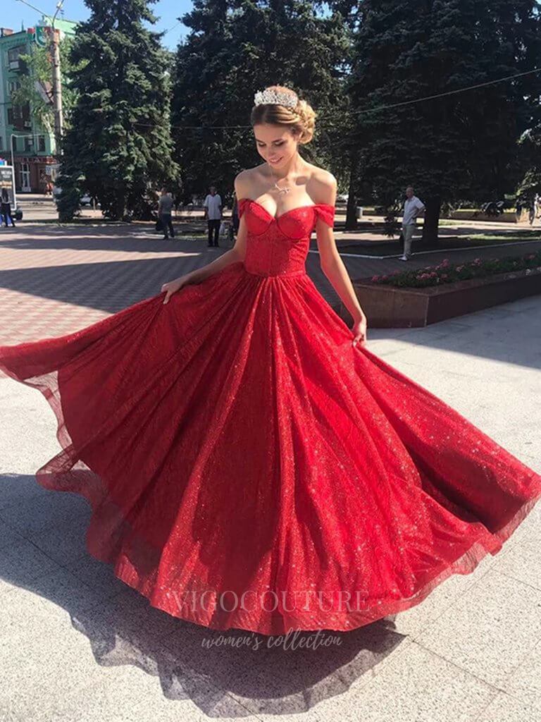 vigocouture-Red Sparkly Tulle Prom Dress 20385-Prom Dresses-vigocouture-Red-US2-