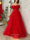 vigocouture-Red Sparkly Tulle Prom Dresses Off the Shoulder Formal Dresses 21404-Prom Dresses-vigocouture-
