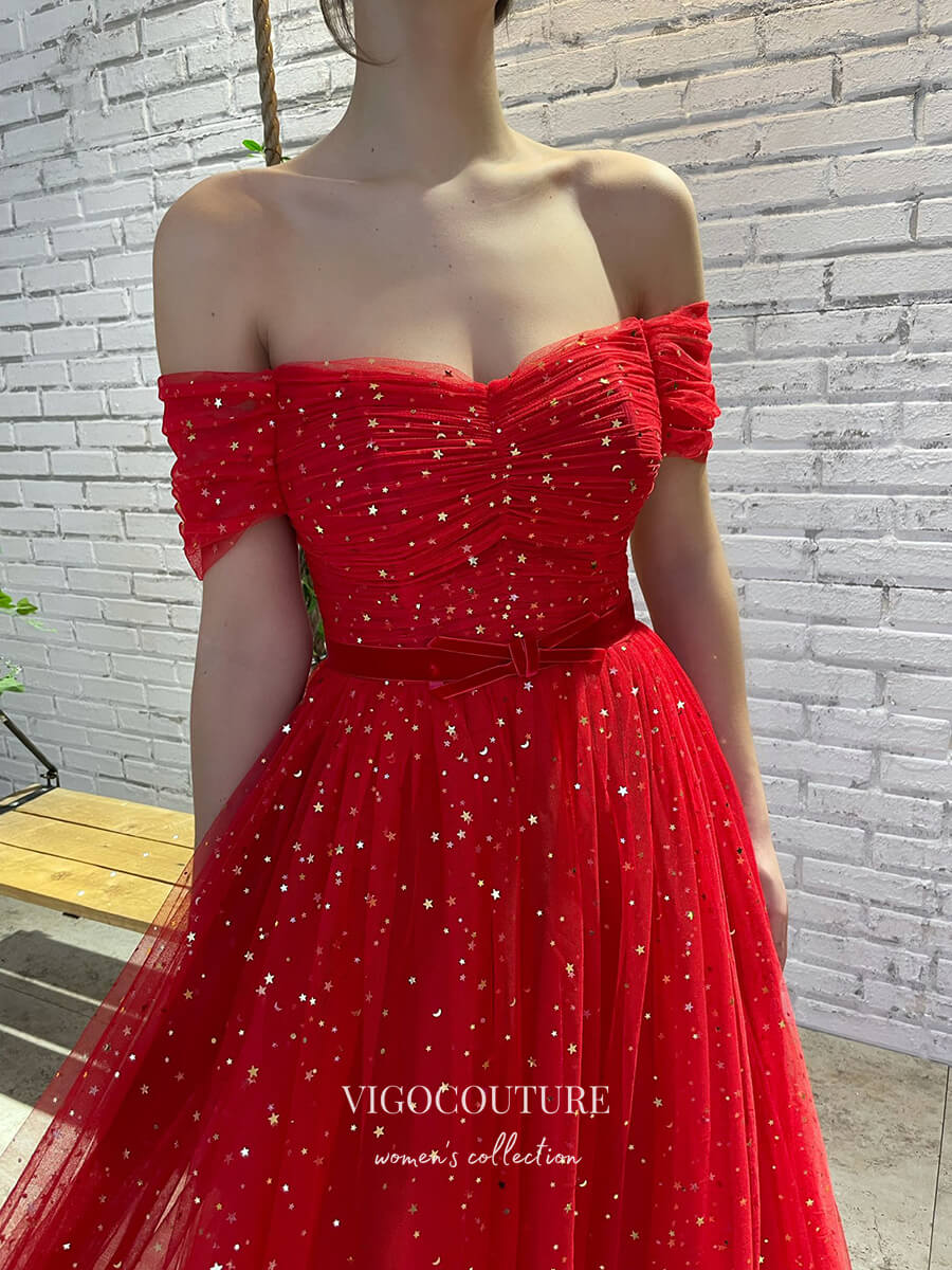 vigocouture-Red Sparkly Tulle Prom Dresses Off the Shoulder Formal Dresses 21404-Prom Dresses-vigocouture-