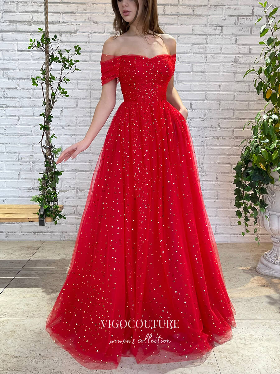 vigocouture-Red Sparkly Tulle Prom Dresses Off the Shoulder Formal Dresses 21404-Prom Dresses-vigocouture-Red-US2-
