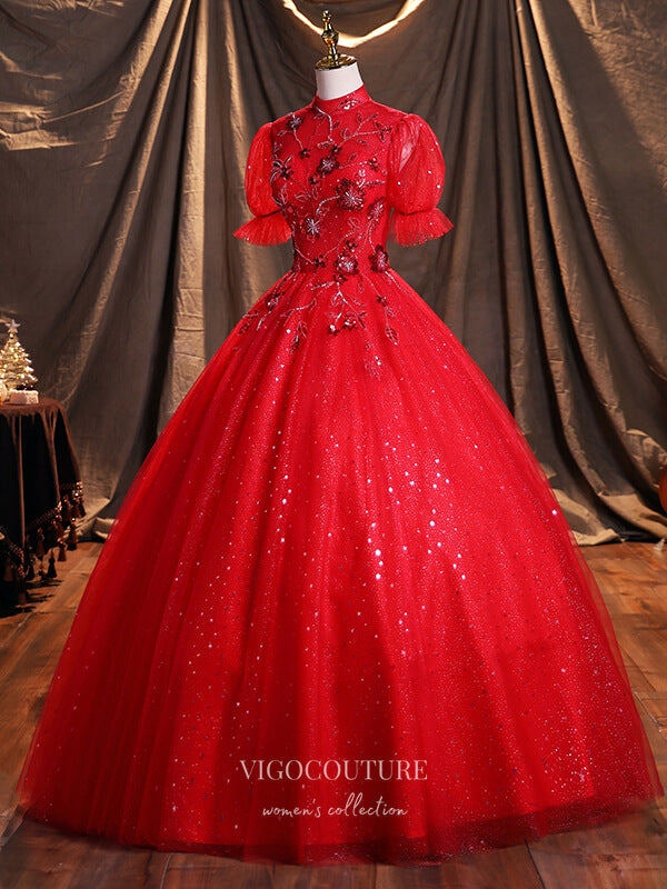 vigocouture-Red Sparkly Tulle Quinceanera Dresses Beaded Lace Applique Sweet 16 Dresses 21391-Prom Dresses-vigocouture-
