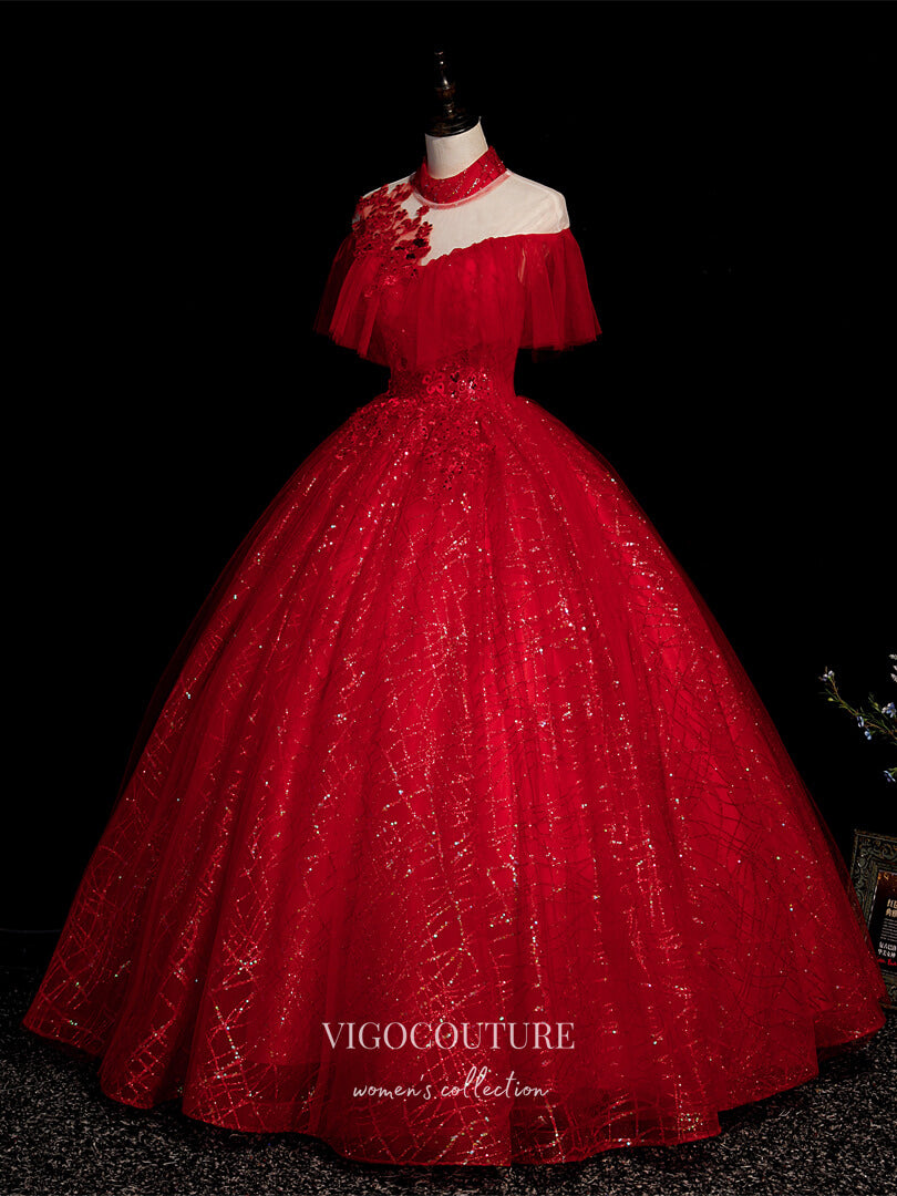 vigocouture-Red Sparkly Tulle Quinceanera Dresses Lace Applique Sweet 16 Dresses 21417-Prom Dresses-vigocouture-