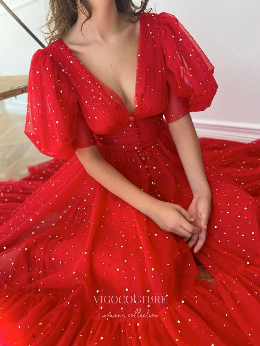 Red Starry Tulle Prom Dresses Tea-Length Puffed Sleeve Short Formal Dress 21831-Prom Dresses-vigocouture-Red-US2-vigocouture