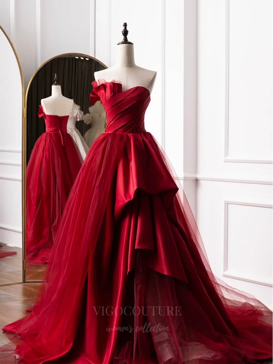 vigocouture-Red Strapless Tiered Prom Dress 20641-Prom Dresses-vigocouture-Red-US2-