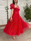 vigocouture-Red Tea-Length Prom Dresses Puffed Sleeve Starry Tulle Homecoming Dress 21759-Prom Dresses-vigocouture-Red-US2-