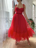 Red Tea-Length Prom Dresses Spaghetti Strap Dotted Tulle Homecoming Dress 21758
