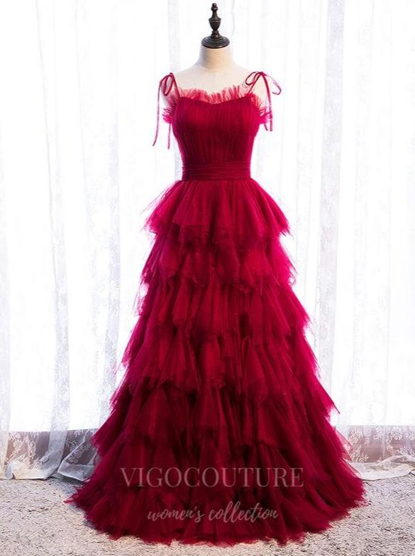 vigocouture-Red Tiered Prom Dress 2022 Spaghetti Strap Formal Dress 20560-Prom Dresses-vigocouture-Red-US2-
