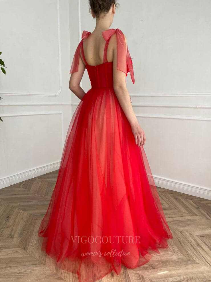 vigocouture-Red Tulle Floral Spaghetti Strap Prom Dress 20986-Prom Dresses-vigocouture-