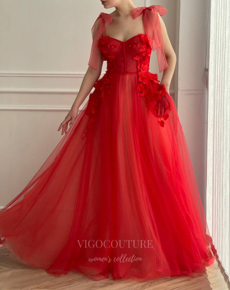 vigocouture-Red Tulle Floral Spaghetti Strap Prom Dress 20986-Prom Dresses-vigocouture-Red-US2-