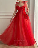 vigocouture-Red Tulle Floral Spaghetti Strap Prom Dress 20986-Prom Dresses-vigocouture-Red-US2-