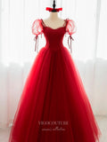 vigocouture-Red Tulle Prom Dresses Puffed Sleeve Formal Dresses 21046-Prom Dresses-vigocouture-
