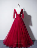 vigocouture-Red V-Neck 3/4 Sleeve Prom Dress 20663-Prom Dresses-vigocouture-