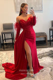 Red Velvet Sheath Formal Dresses Long Sleeves Prom Dresses 21582