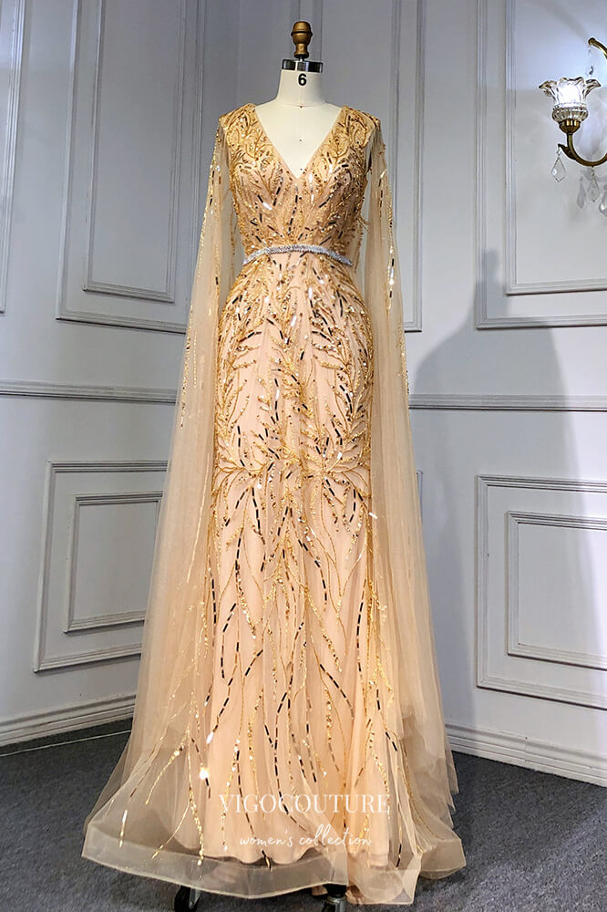 vigocouture-Removable Cape Formal Dresses Beaded Mermaid Prom Dress 21617-Prom Dresses-vigocouture-Champagne-US2-