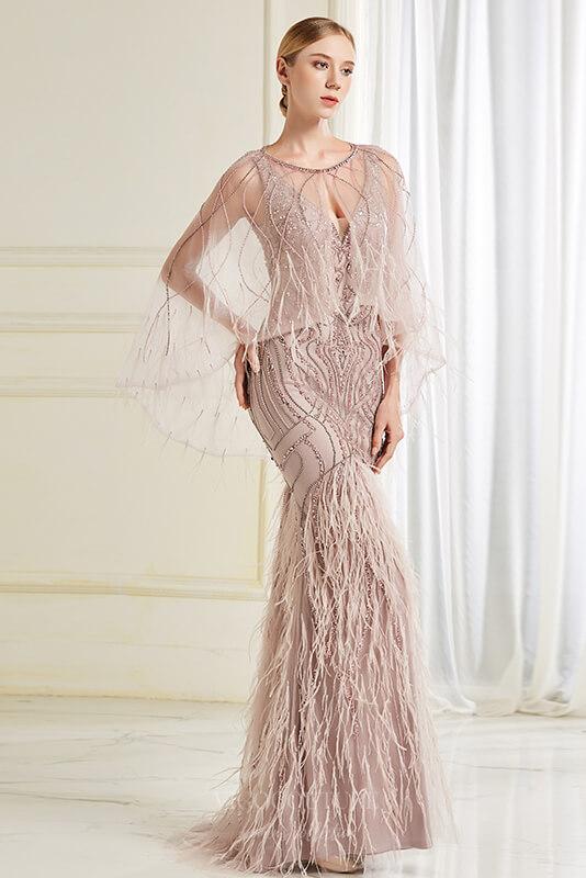 vigocouture-Removable Shawl Feather Lace Beaded Mermaid Prom Dress 20792-Prom Dresses-vigocouture-Blush-US2-