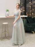 vigocouture-Round Neck Beaded Prom Dresses Short Sleeve A-line Evening Dresses 20113-Prom Dresses-vigocouture-