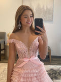 Pink Rruffled Tulle Prom Dresses Off the Shoulder Formal Gown 22033-Prom Dresses-vigocouture-Pink-US2-vigocouture