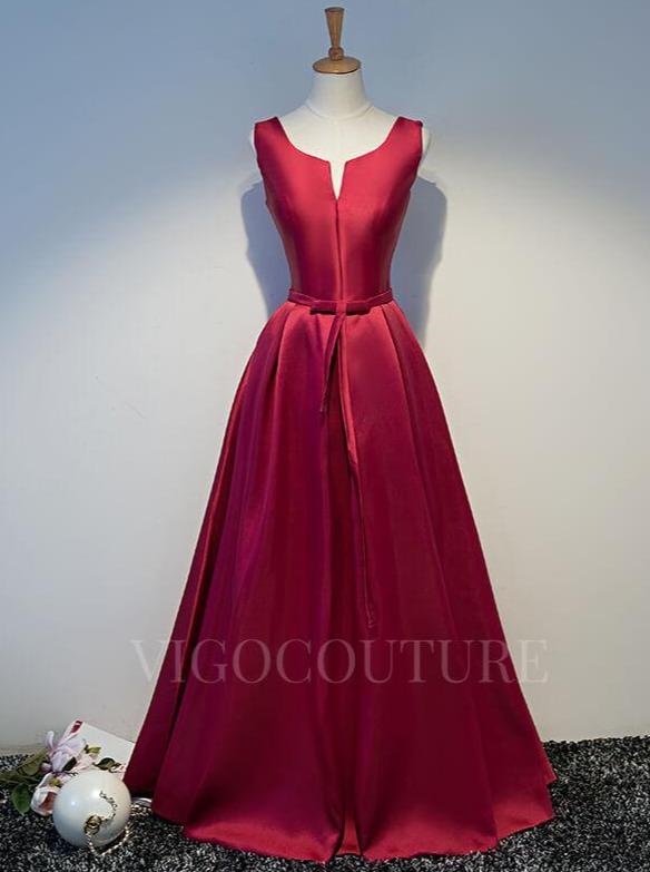 vigocouture-Satin A-Line Prom Dress 2022 Plunging V-Neck Sleeveless Prom Gown-Prom Dresses-vigocouture-Burgundy-US2-
