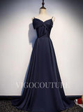 vigocouture-Satin A-line Prom Dress 2022 Spaghetti Strap Prom Gown-Prom Dresses-vigocouture-Navy Blue-US2-