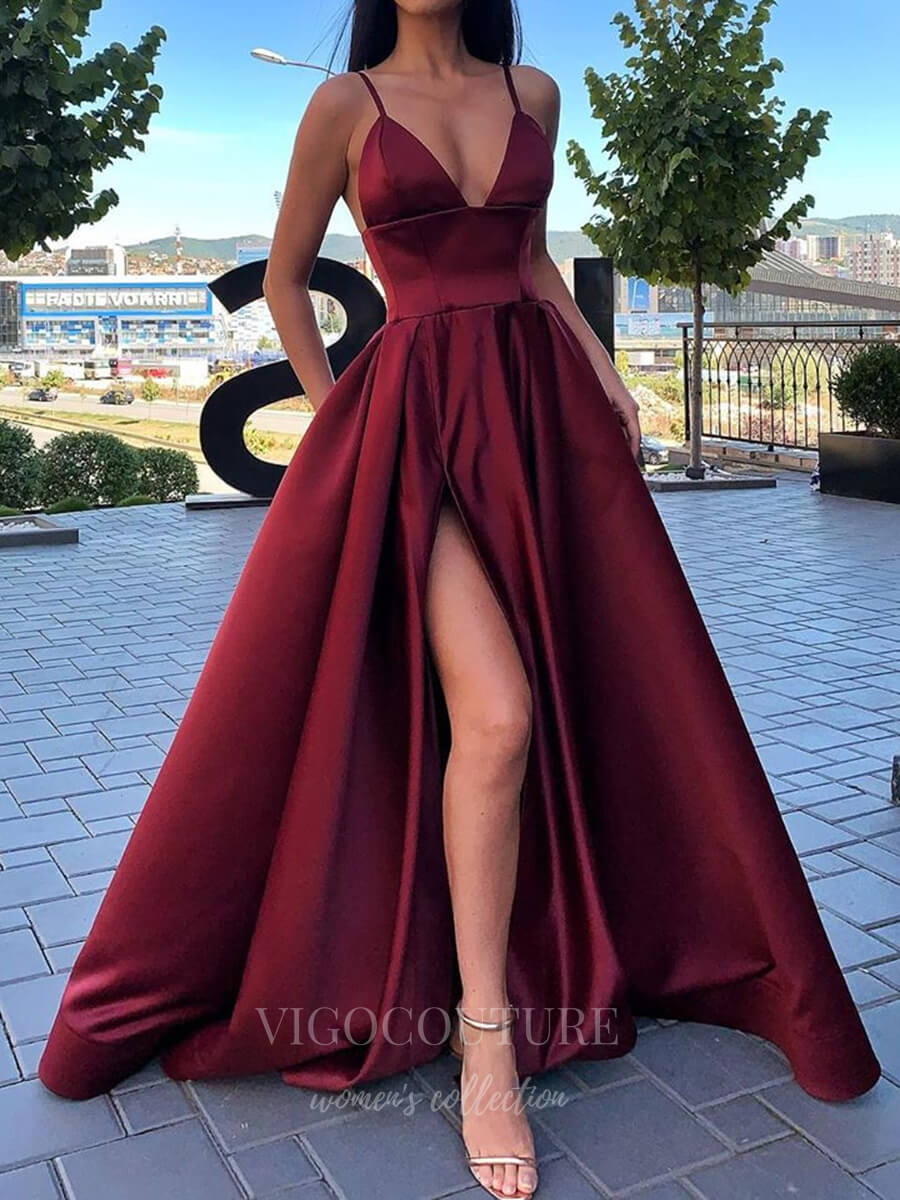 vigocouture-Satin A-Line Spaghetti Strap Prom Dress 20602-Prom Dresses-vigocouture-Burgundy-US2-