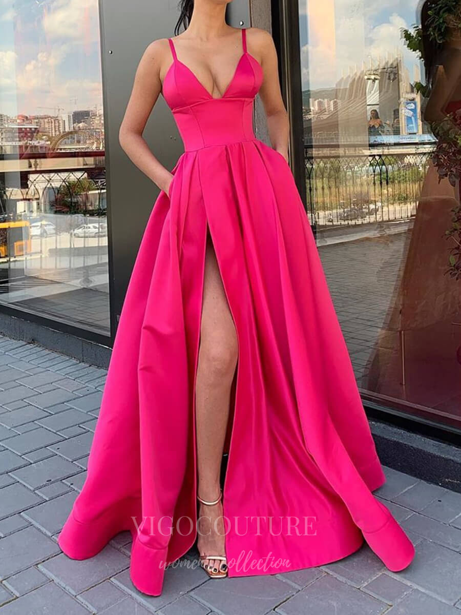 vigocouture-Satin A-Line Spaghetti Strap Prom Dress 20602-Prom Dresses-vigocouture-Hot Pink-US2-