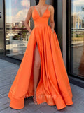 vigocouture-Satin A-Line Spaghetti Strap Prom Dress 20602-Prom Dresses-vigocouture-Orange-US2-